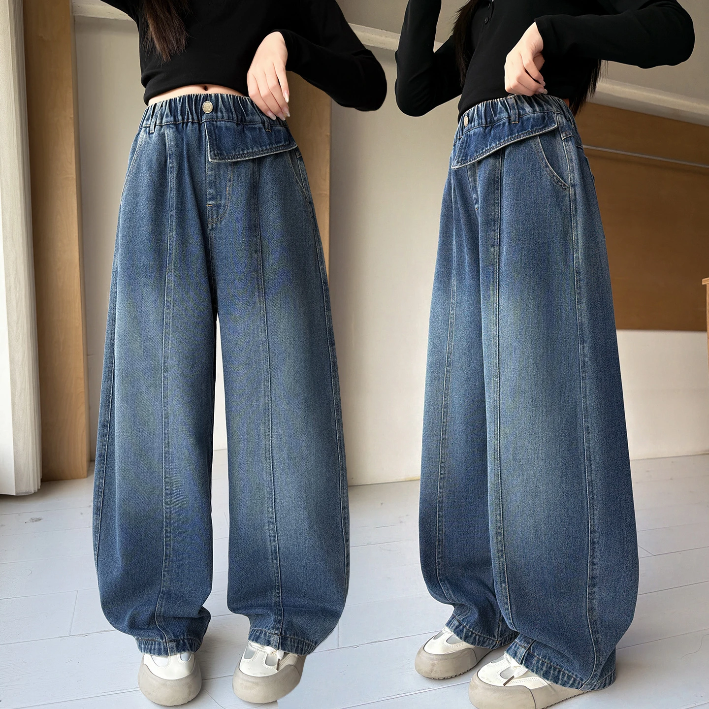 Girls' Autumn Denim Pants 2026 New Style Junior High School Girls' Retro Patchwork Knife Pants Teenage Children'...