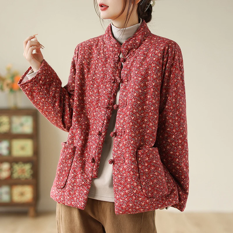 Chinese Style Floral Short Parkas 2024 New Winter Thick Warm Buttons Women Cotton-Padded Jackets Female Quilted Coat