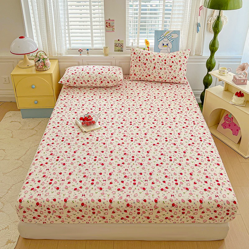 Bed Sheet Puff Gauze Fitted Sheet with Elastic roupa de cama Single/Queen/King Size Bed Cover for Twin Bed sabanas matrimoniales
