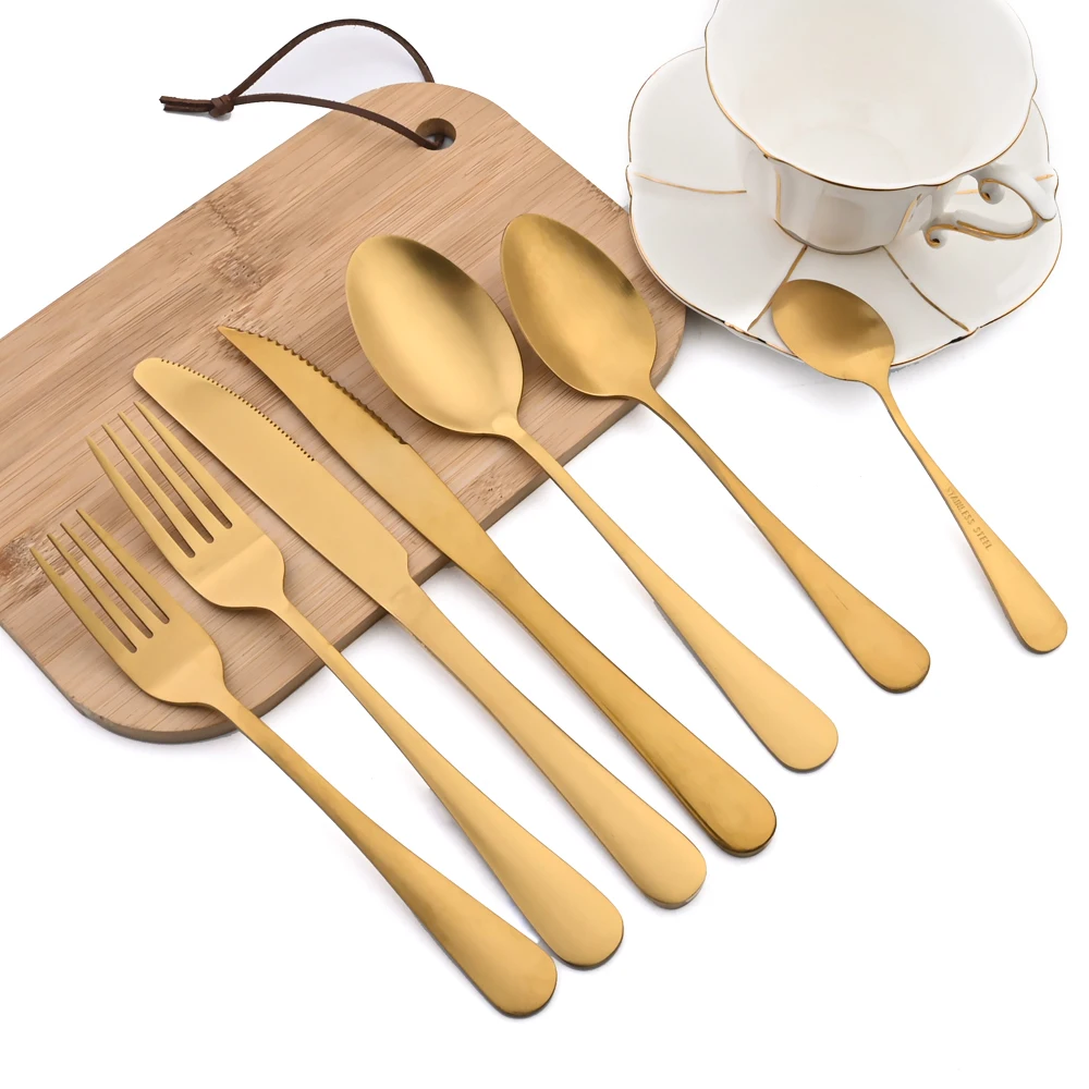 Zoseil 7Pcs Dinnerware Gold Cutlery Set Matte Steak Knife Fork Coffee Spoon Flatware Set Stainless Steel Kitchen Tableware Set