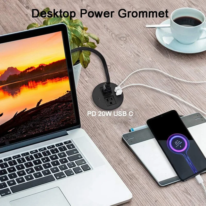 Power Grommet With USB For Desktop Desktop Power Data Outlet With 2 AC Outlets And 2 USB Ports Black US Plug