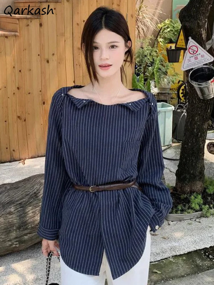 

Striped Shirts Women Long Sleeve Simple Spring Korean Style Vintage Fashion All-match Baggy Casual Streetwear Temper Lady Chic