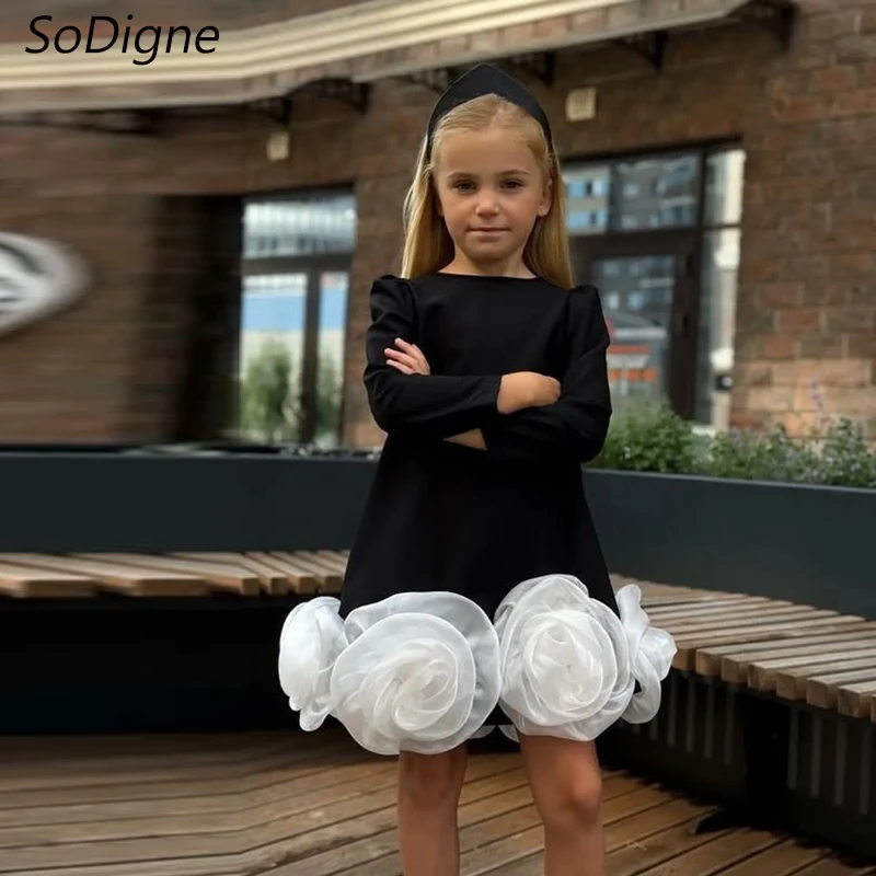 SoDigne A-line Short Flower Girl Dress Sleeveless O-neck Satin/Organza 2025 Girls Skirt Party Dresses Kid Gown Customized