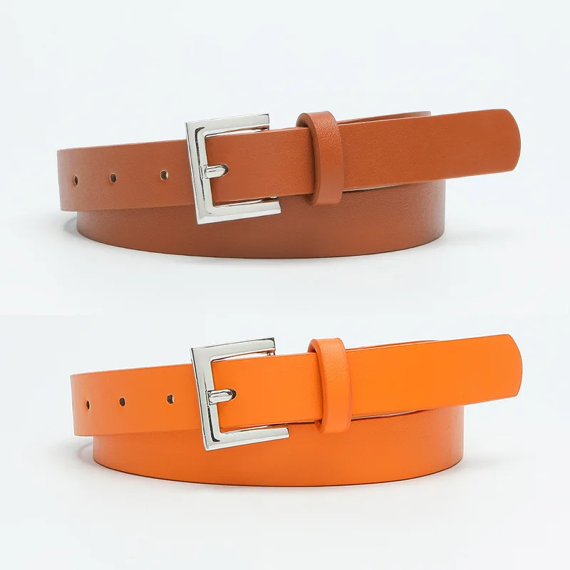 2023 New Fashion Belt Women Men Colorful PU Leather Material Square Alloy Metal Silver Pin Buckle Luxury Quality Low-Key Belt