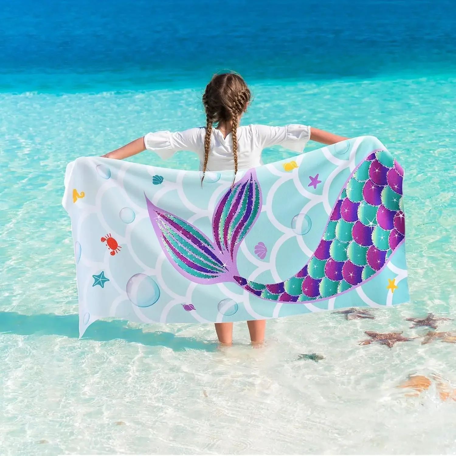Mermaid Tail Beach Towel 31.5x63 Inch Kids Ocean Print Soft Microfiber Quick Dry Bath Towel for Girls Summer Gift