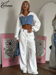 Oymimi Fashion White Patchwork Women 2 Piece Set Outfit Elegant Long Sleeve Hooded Collar Crop Tops And Drawstring Pants Sets