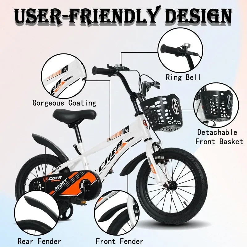 Bicicleta infantil de 14 polegadas com rodas de treinamento/suporte para idades de 3 a 12 anos, bicicleta esportiva, opção de cores múltiplas