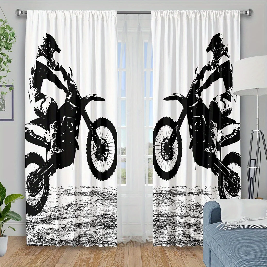 Motorcycle Biker Silhouette Curtain Drapes Black and White Industrial Print Urban Decor Panel for Garage Bedroom Window Accent