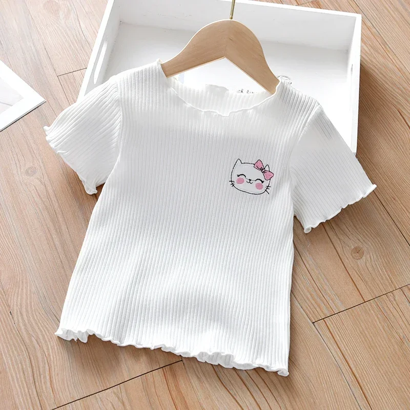 Girls Embroidered Short Sleeve T-Shirt Ice Silk Summer Top with Ruffle Trim Stretchy Soft for Toddler Baby 1-6 Years image 5