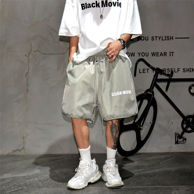 American High Street Loose Solid Drawstring Shorts Men's Trendy Summer Wide Leg Versatile Sports Fitness Short Pants Hip Hop