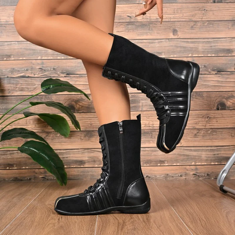 أحذية عصرية من جلد البقر المدبوغ بمقدمة مستديرة وكعب منخفض (أقل من 3 سم) كعب مسطح من الجلد غير اللامع للفصول الأربعة