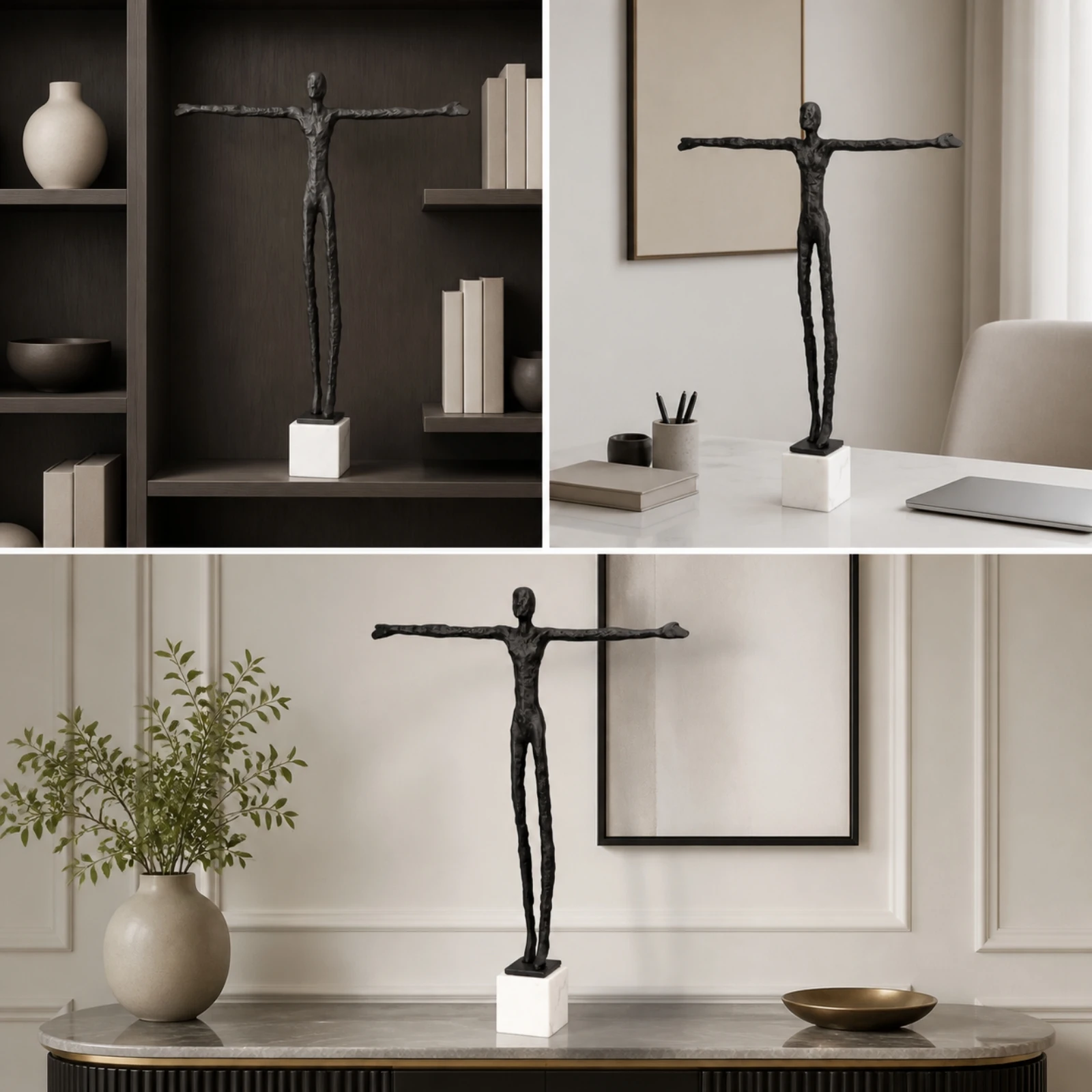 Metal Statuette Contemporary Extended Human-Form Statuette with Outstretched Arms for Tabletop Display, Shelf Decor