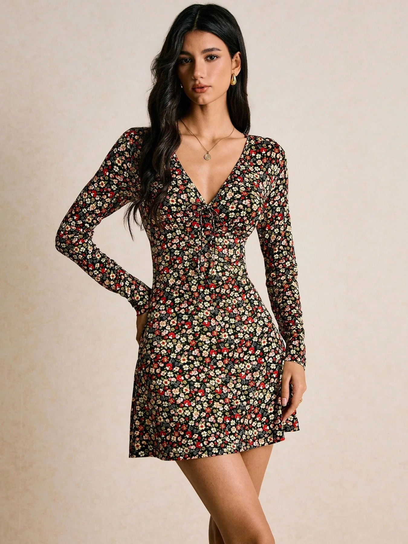 Autumn and winter fashion new V-neck full body floral slim fit long sleeved dress