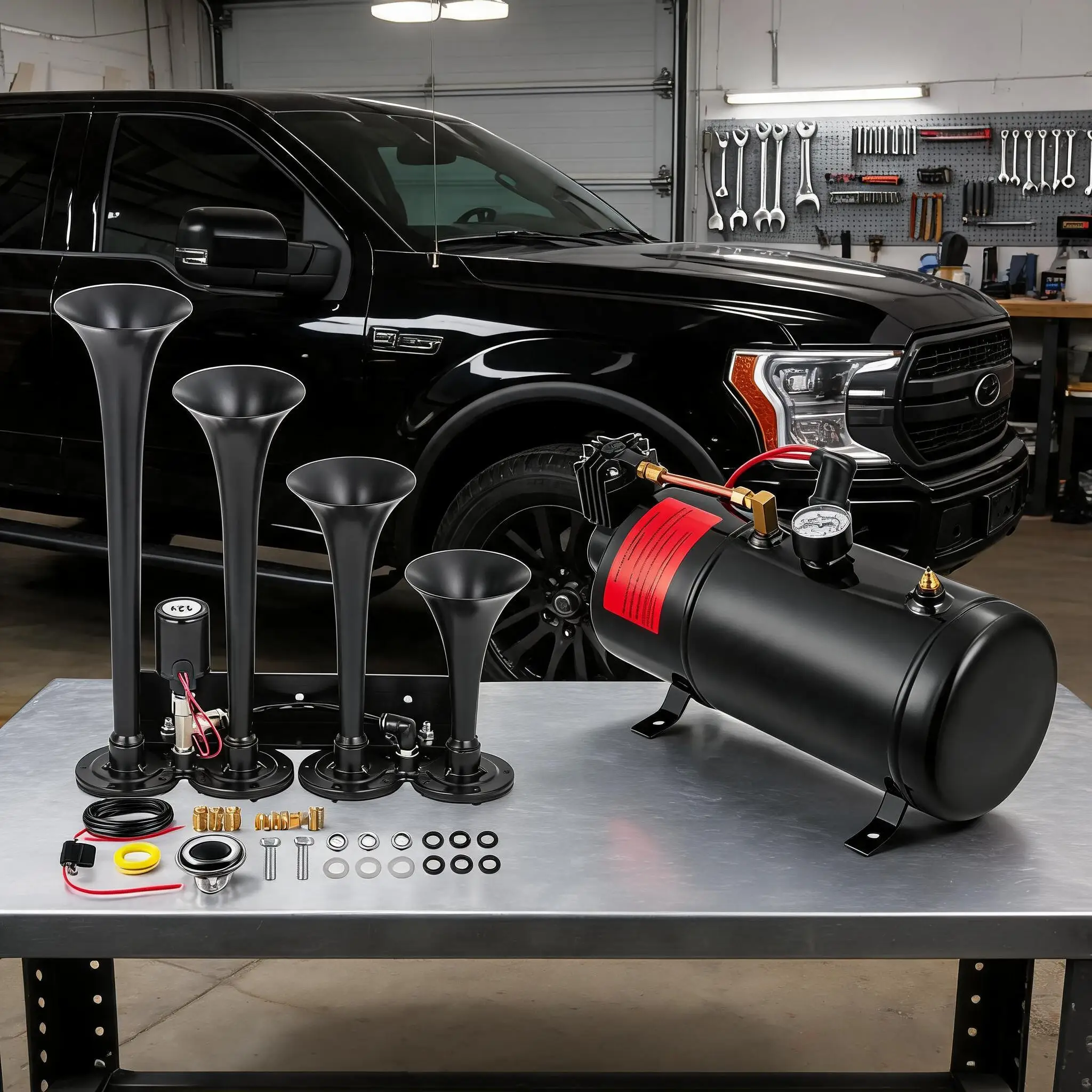 150dB Loud 4-Trumpet Train Air Horn Kit – Heavy Duty Steel, 12V 150 PSI Compressor, 1.6 Gallon Tank – Global for Truck, Car, Motorcycle, RV, SUV, Boat – Urgent Warning & Marine Signaling – Audio Parts