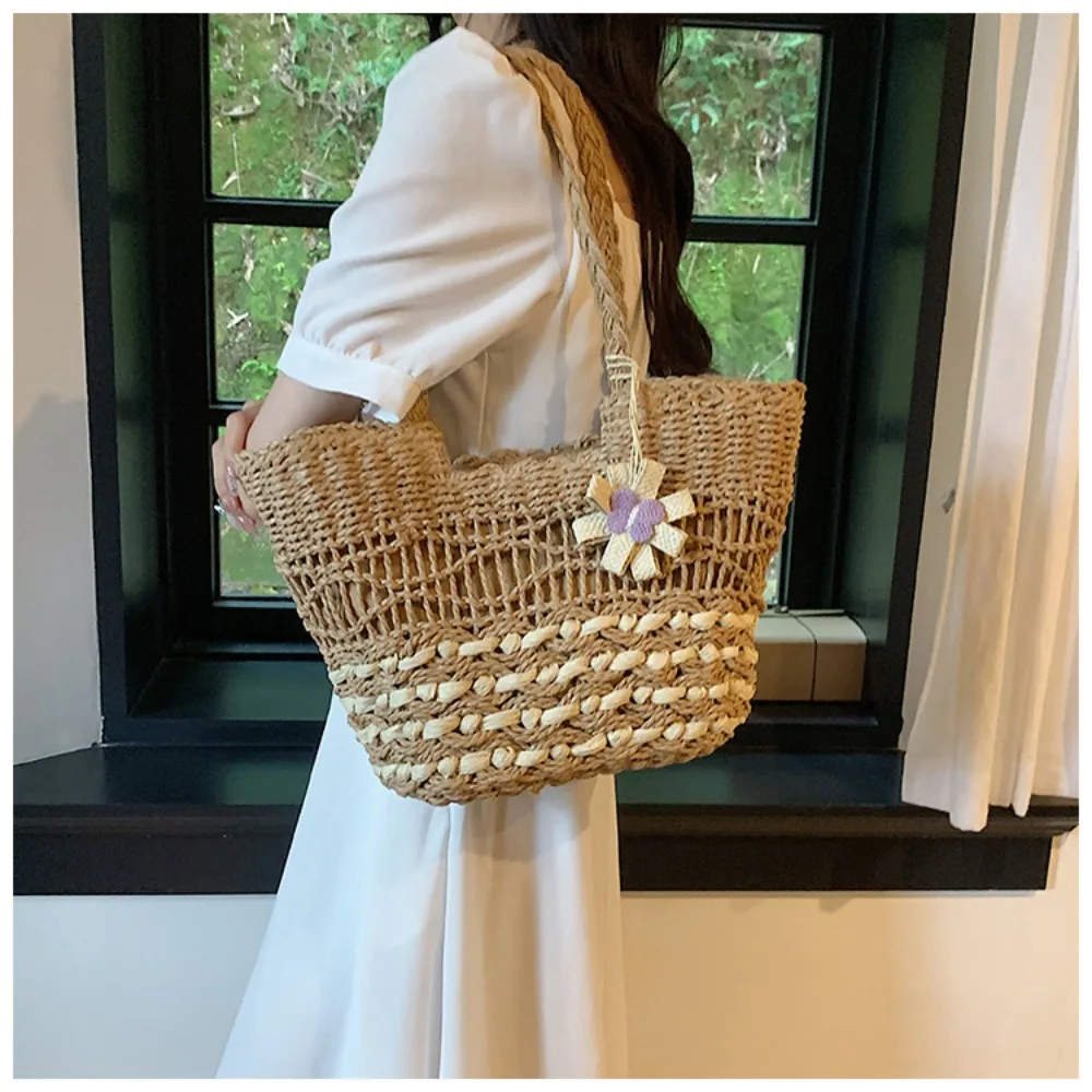 Brand Letter Straw Handbag for Women Hollow Paper Woven Big Tote Summer Beach Bag Ladies Fashion Shoulder Bag Shopper purse 2024