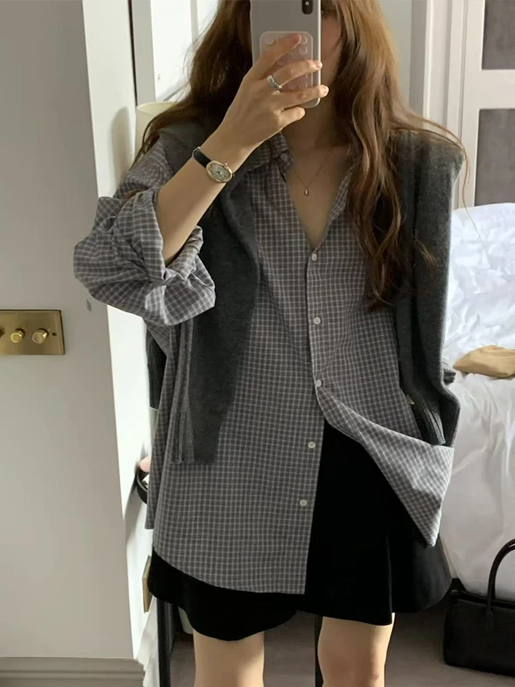 Sciolto coreano Sle Plaid lungo Sve irt Cappotto da donna Inizio autunno Nuovo Sle Puro cotone Antirughe Lazy Faion