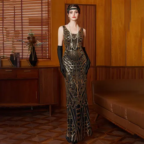 Elegant Classy Vintage 1920s Flapper Gatsby Spaghetti Strap Sequin V-Neck Dress Party Evening Event Dress