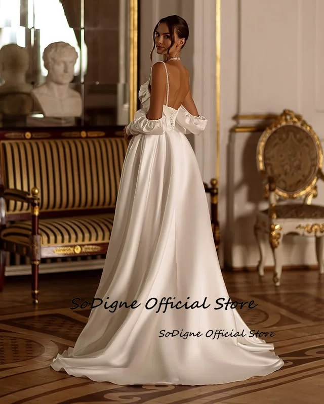 SoDigne-vestido de novia de satén, corte en A, elegante, escote en forma de corazón, mangas desmontables, vestidos de novia largos divididos personalizados ﻿