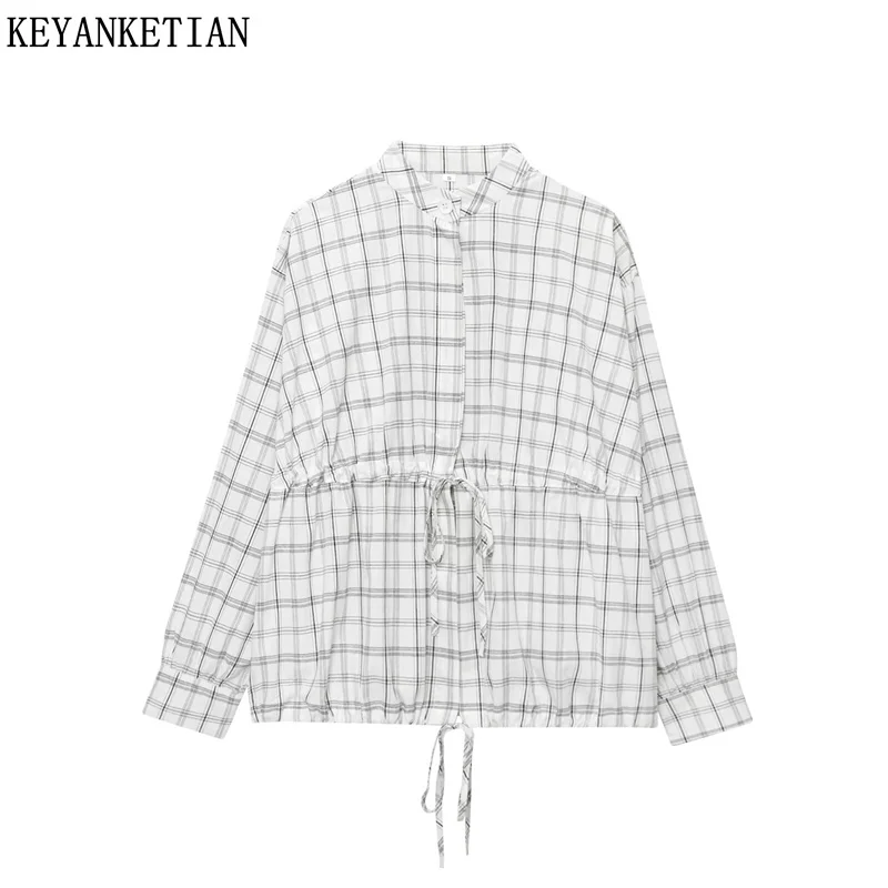 KEYANKETIAN 2025 Spring/Autumn New Women's Long-sleeved Plaid Shirt Leisure style Drawstring Lace Up Single Breasted Blouses Top