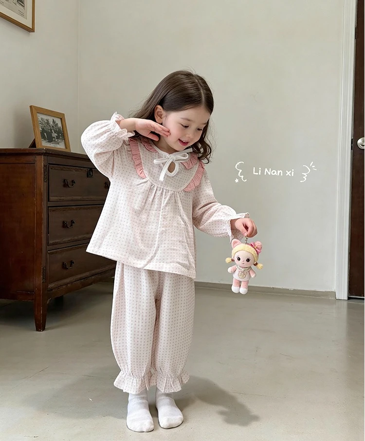 Girls Home Clothes Sweet Set 2026 Spring Autumn New Girls Baby Ruffled Floral Pajama Long Sleeve Two Piece Set view 4