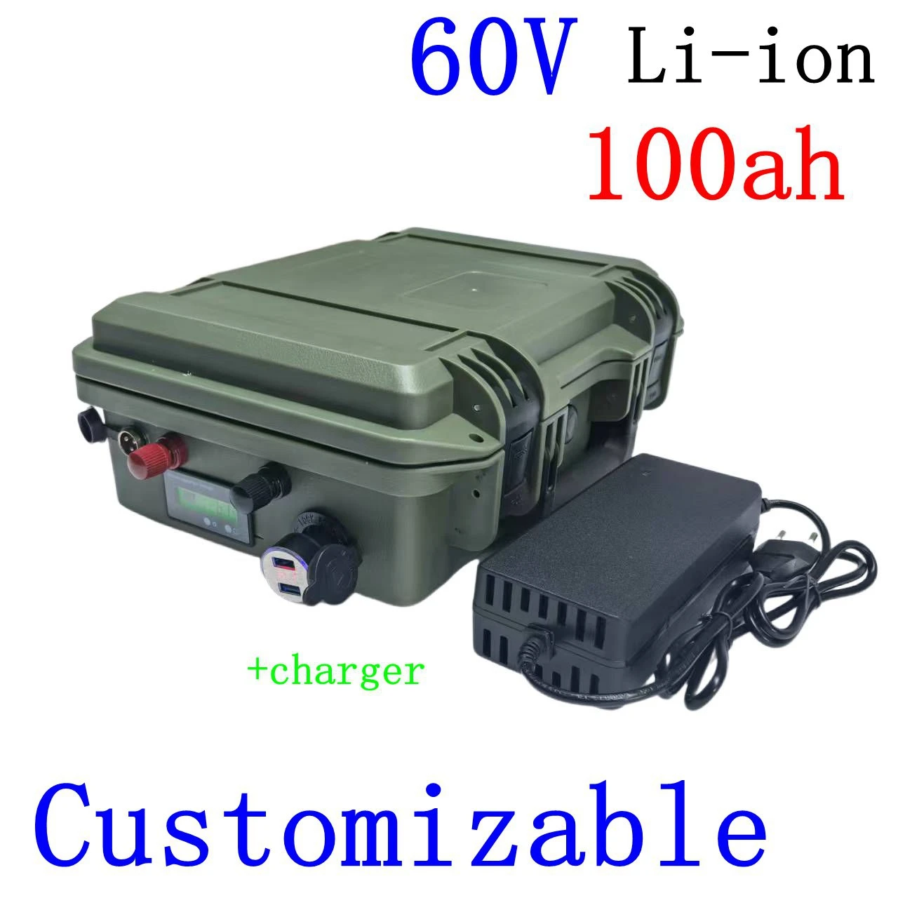 

Boîtier de chariot étanche au lithium-ion avec roues BMS, 60V, 100Ah, pour scooter électrique, balayeuse, tricycle, chargeur 10A