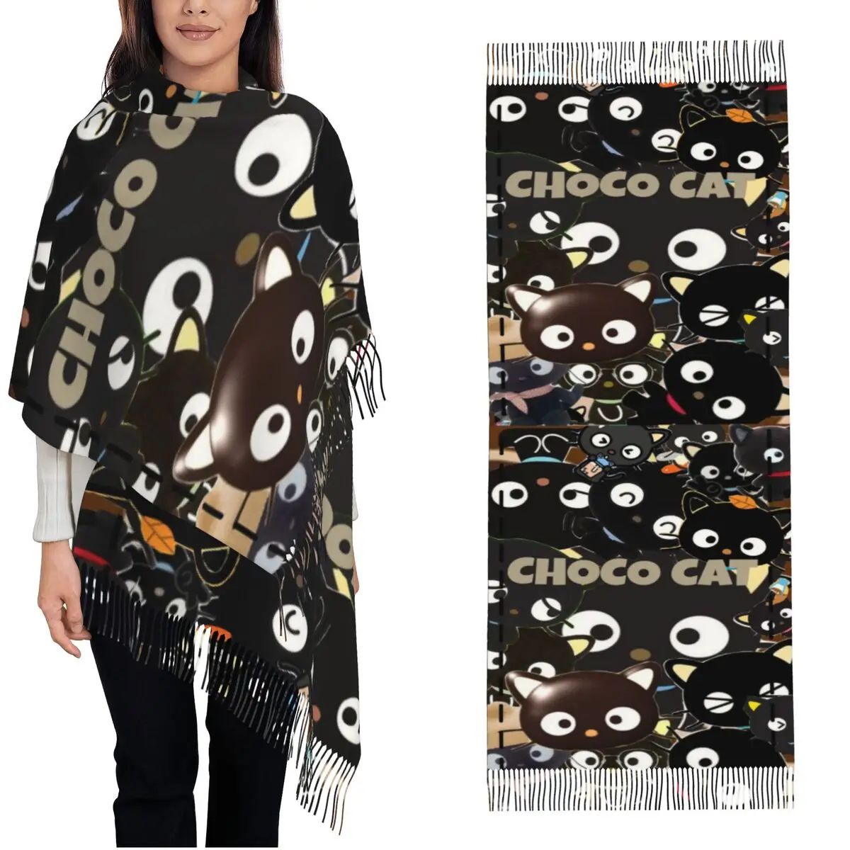 

Женский шарф с кисточками Chococats Kawaii, длинная мягкая теплая шаль, подарки, шарфы из пашмины
