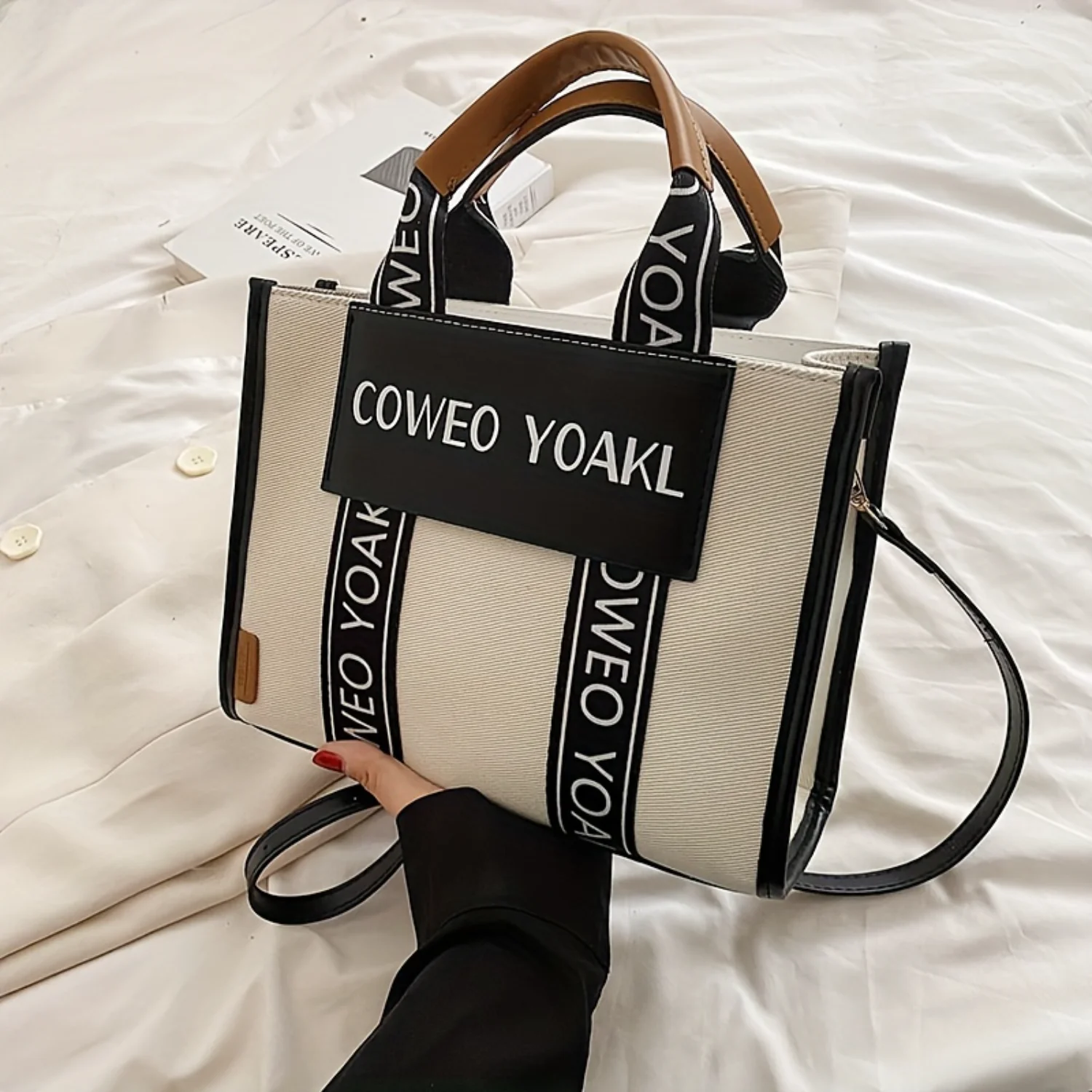 Women's Square Shoulder Bag Letters Pattern Top Handle Satchel Daily Use