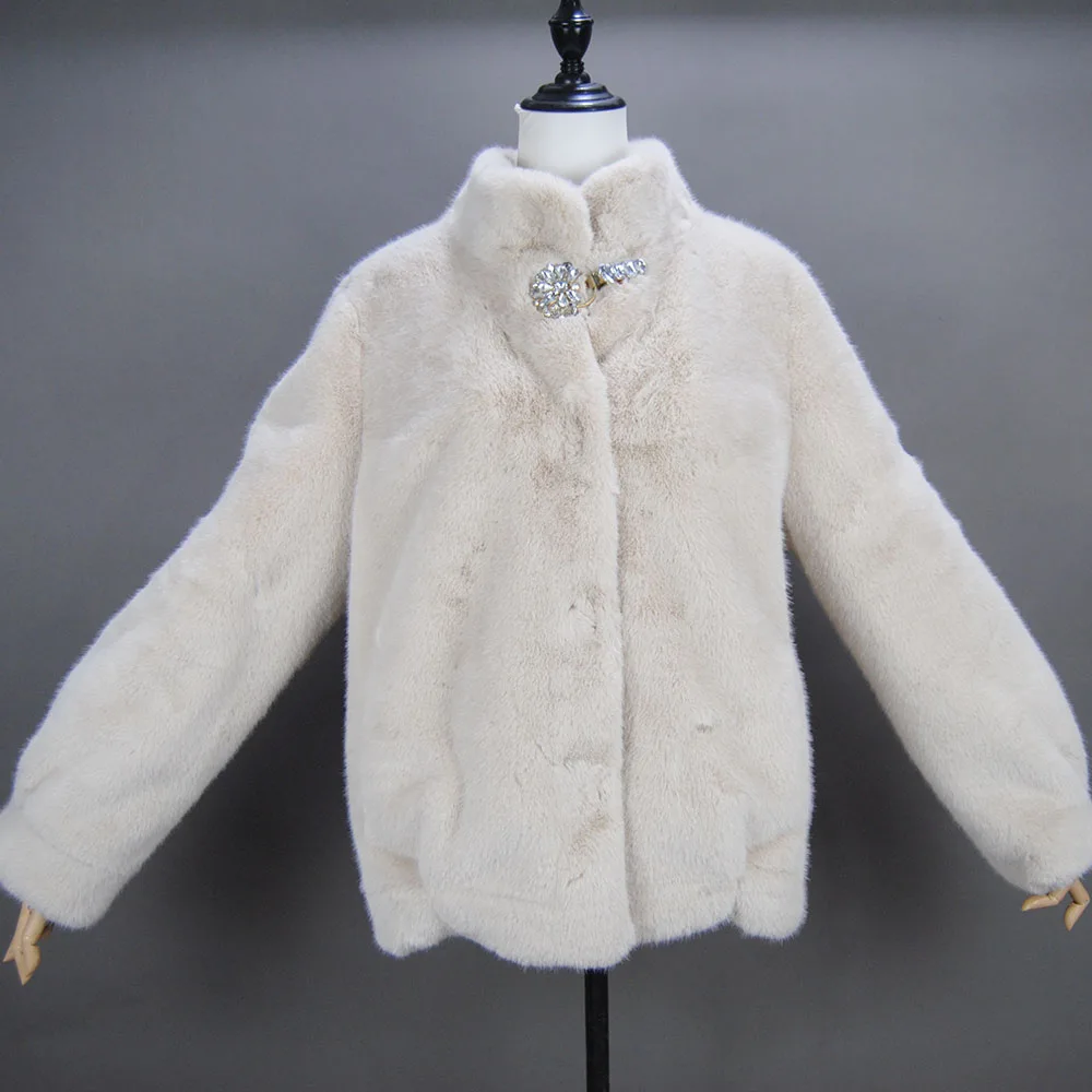 Manteau d'hiver en fausse fourrure de vison pour femme, marron, épais, chaud et doux, manches longues, col montant, élégant, luxe, Chic, veste moelleuse, 2025