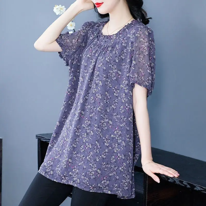 Casual Round Neck Blouse Summer Short Sleeve Folds Fashion Drawstring Bow Female Clothing Vintage Broken Flowers Loose Shirt New