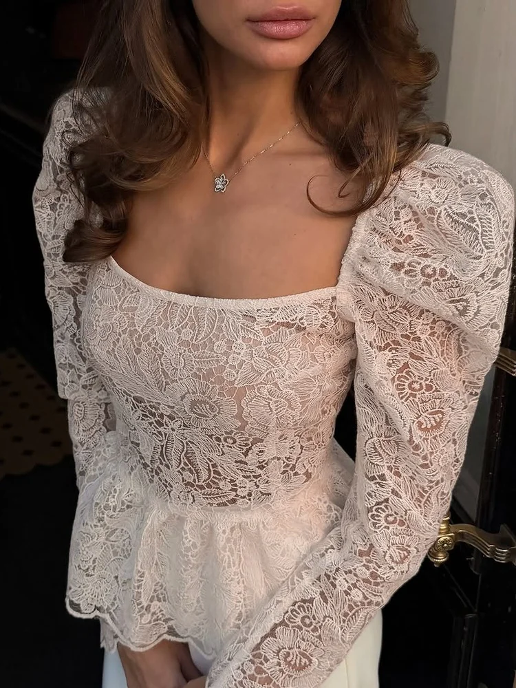 Tossy Lace Blouse Long Sleeve Top Apricot Square Neck Peplum Hem Scalloped Daily Party Floral Lace Slim Fit Sheer Bell Blouse