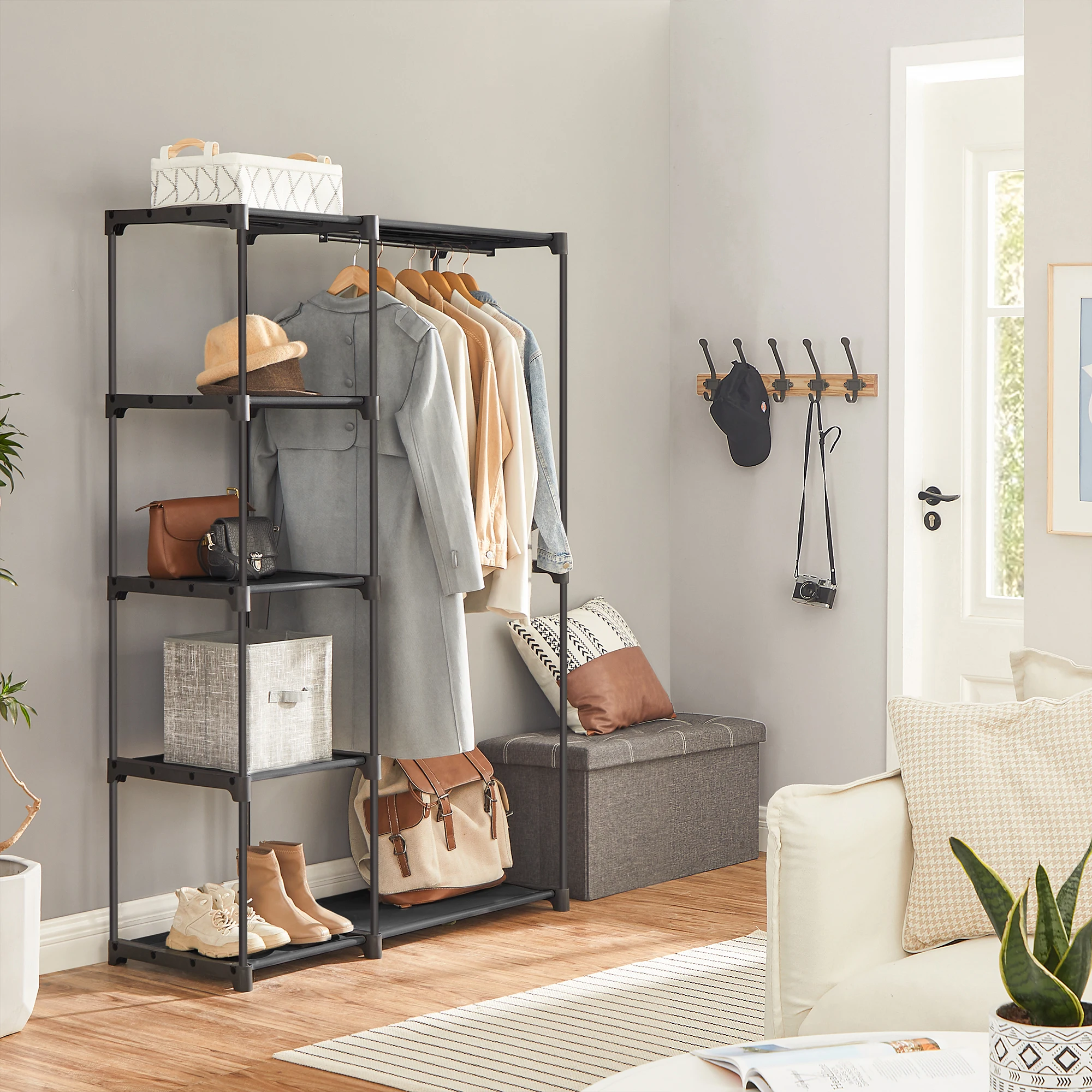 SONGMICS Freestanding Wardrobe, Foldable Closet, Coat Rack with Clothes Rails, Clothes Rack, Open Storage Wardrobe