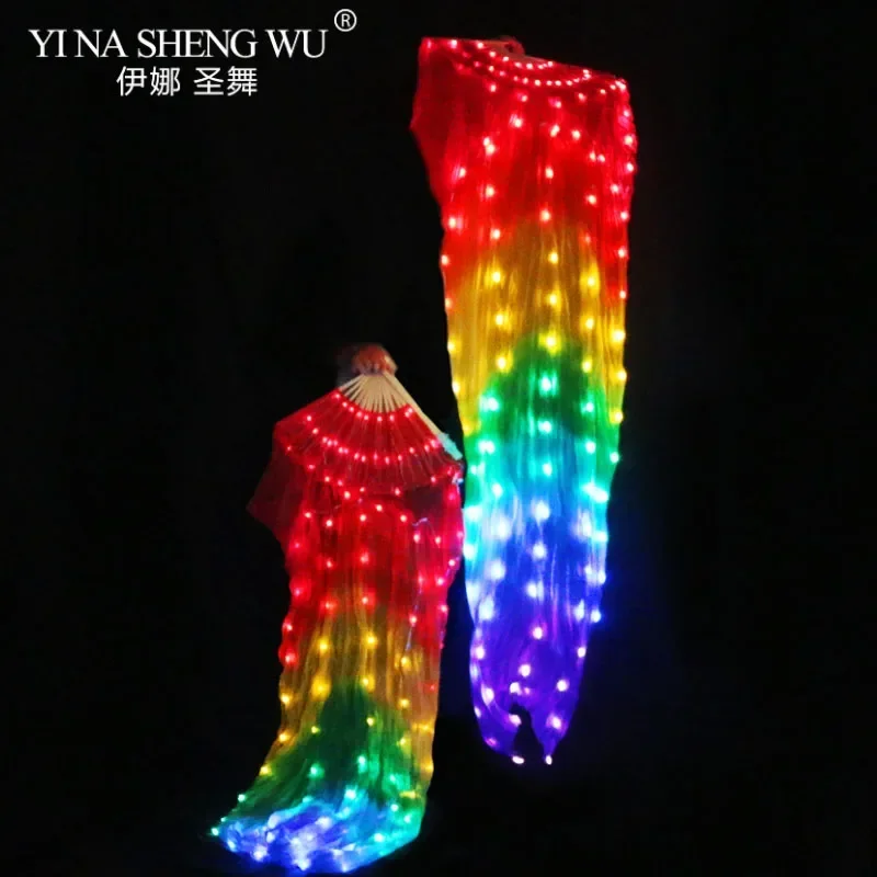 1 قطعة اليمين/اليسار الرقص الشرقي Led الحرير المشجعين 100% الحرير 180x90 سنتيمتر الأبيض قوس قزح الرقص LED المشجعين مرحلة الأداء الدعائم مع بطاريات