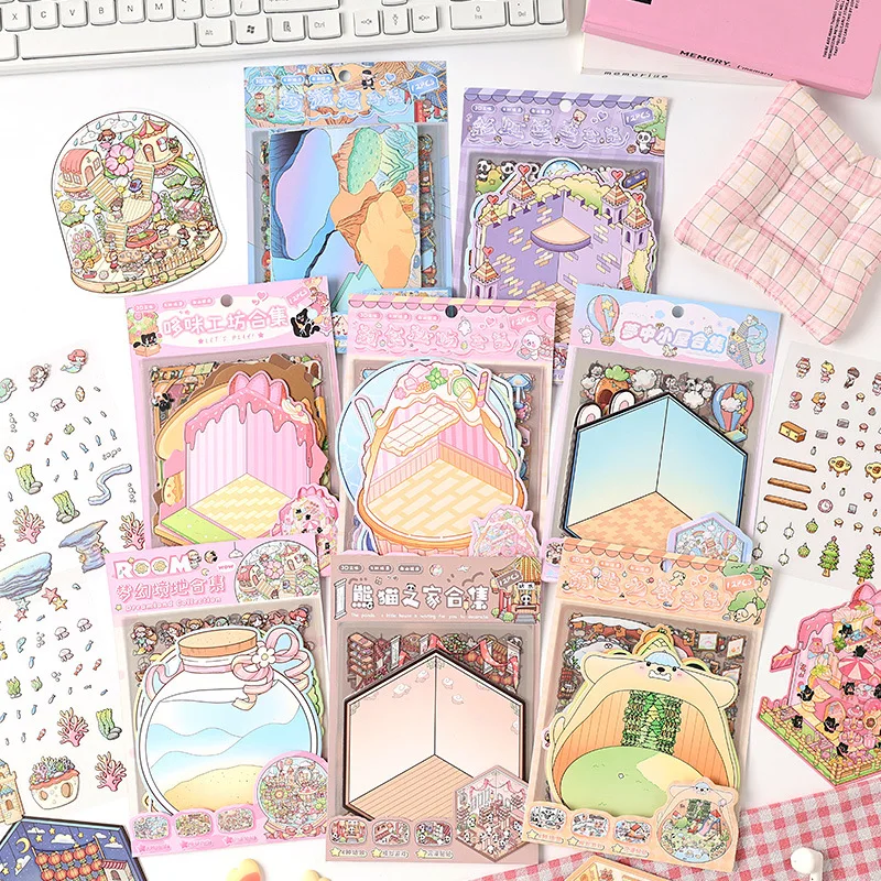 4pcs/set Funny Micro Make Scene Sticker Cute Cartoon Decompression Scrapbook Journal Sticker DIY Decor Scene Layout Sticker