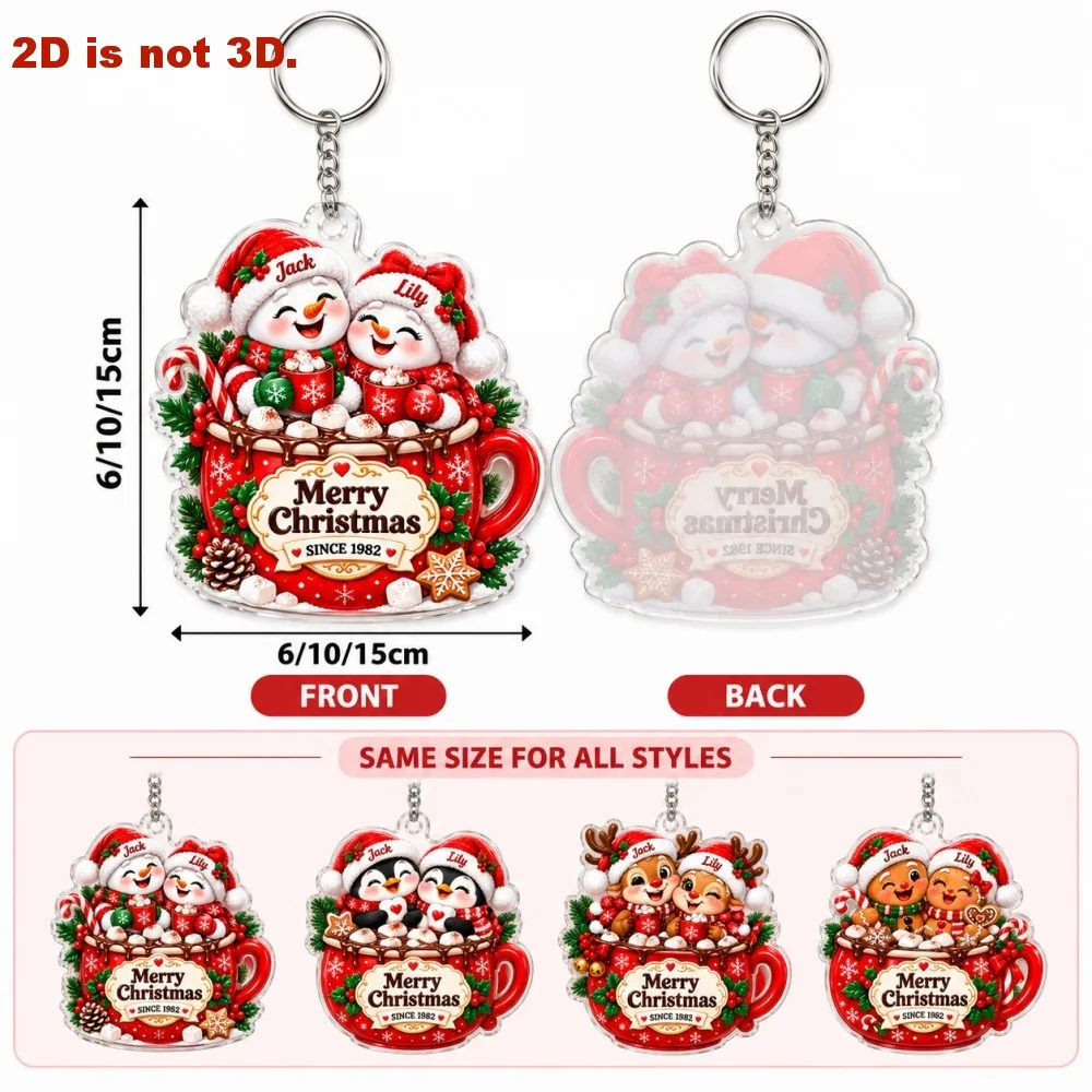 1pc Custom Christmas Keychain Santa Mrs Claus Flat 2D Acrylic Mug Keyring Double Sided Holiday Gift for Family Friends Keepsake