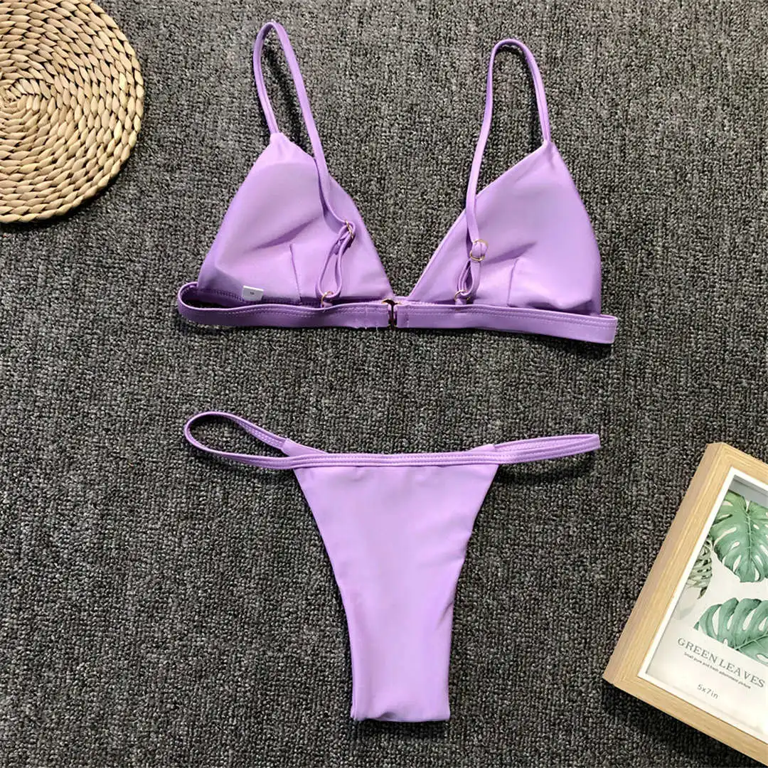 Neuer, verführerischer, gepolsterter brasilianischer Bikini, Damen-Badeanzug, zweiteiliges Bikini-Set, einfarbiger Badeanzug, Damen-Badebekleidung, V64A. – Detail 26