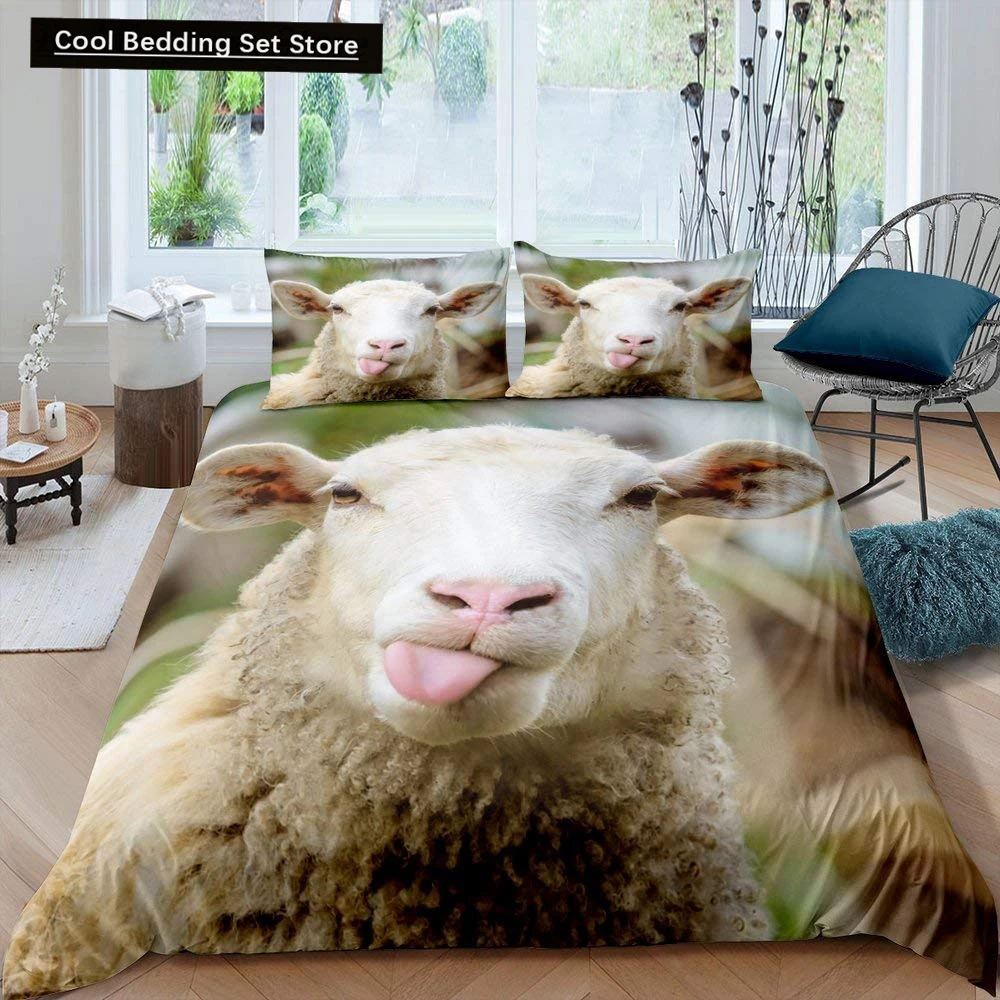 Funny Sheep King Queen Bedding Set Kids Farm Animal Duvet Cover White Little Lamb Comforter Cover 2/3pcs Polyester Quilt Cover