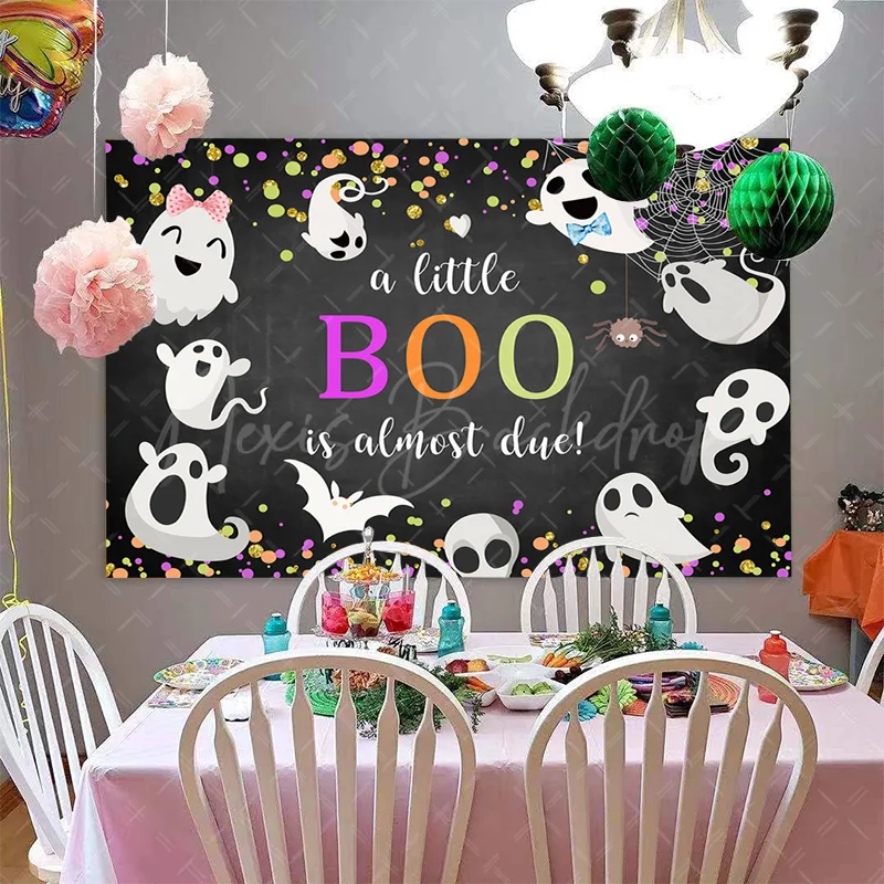 Neutral Halloween Baby Shower Backdrop, 'A Little Boo is Almost Due' Decorations, Photo Backdrops for Party Photoshoot