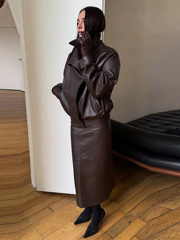 

Винтажная куртка из искусственной кожи с воротником-стойкой, женская повседневная свободная однобортная куртка, пальто, женская уличная одежда, весна 2026, шик