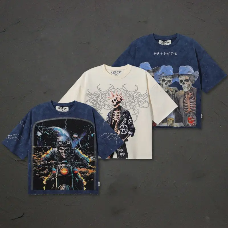 Fast Shipment Blue BKYS Tshirt Vinatge Skull Graffiti White Splashed Ink Dots Cutting Short Sleeve Loose Men Women Cotton Tops