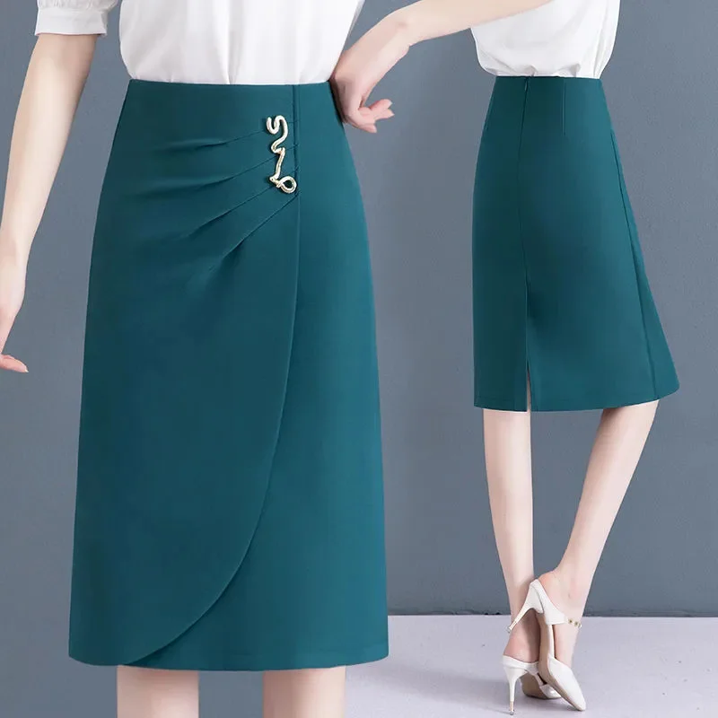 

Spring Summer New Korean High-waisted Women's Mid Length Half Split Suit Skirt Versatile Self Cultivation Ladies Hip Wrap Skirt