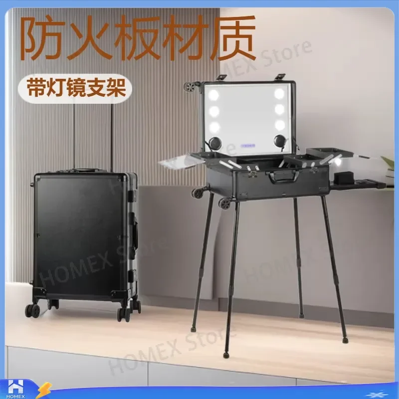 Professional Makeup Case with Lighted Mirror Stand Rolling Trolley Cosmetic Organizer Fireproof Board Beauty Artist Tool Box