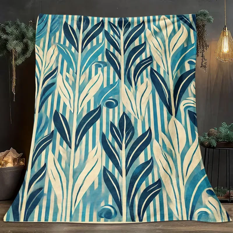 Retro Blue Vertical Stripe Tropical Leaf Print Flannel Blanket Soft Cozy Blanket for Bed Sofa Boho Botanical Home Decor