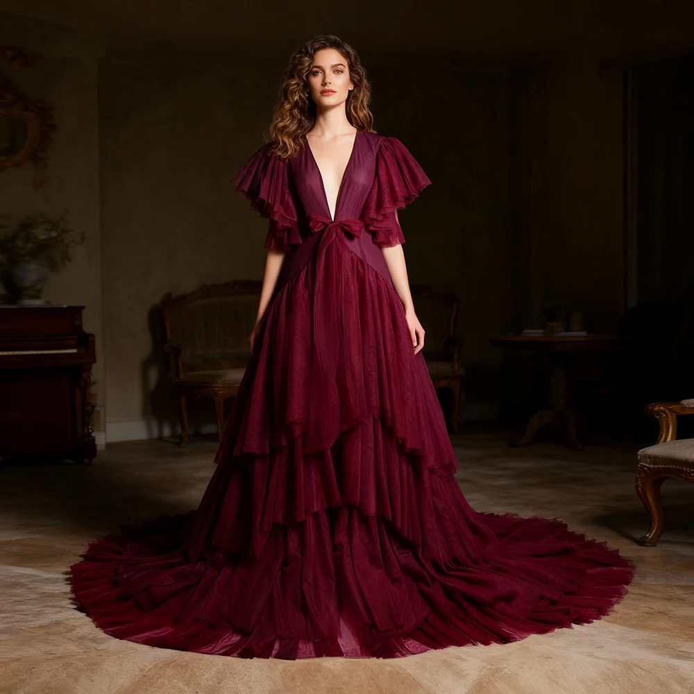 

V Neck Short Sleeves Bow Ｗaist Maternity Dresses for Photoshoot Baby Belly Shooting Dress for Pregnant Women for Photo Shoot