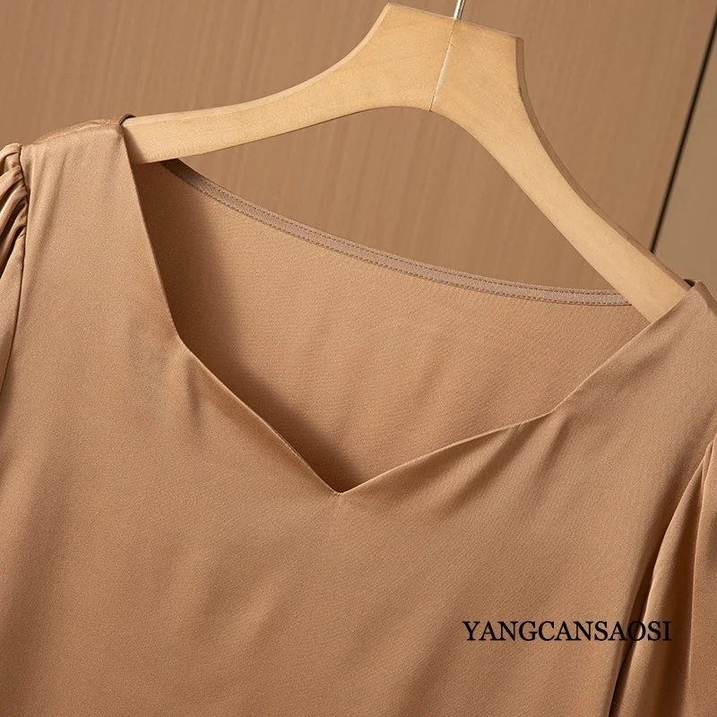 Khaki 93% Natural Mulberry Silk Double Qiao Satin Women's Fashion Office Commuter Short Sleeve V-neck T-shirt