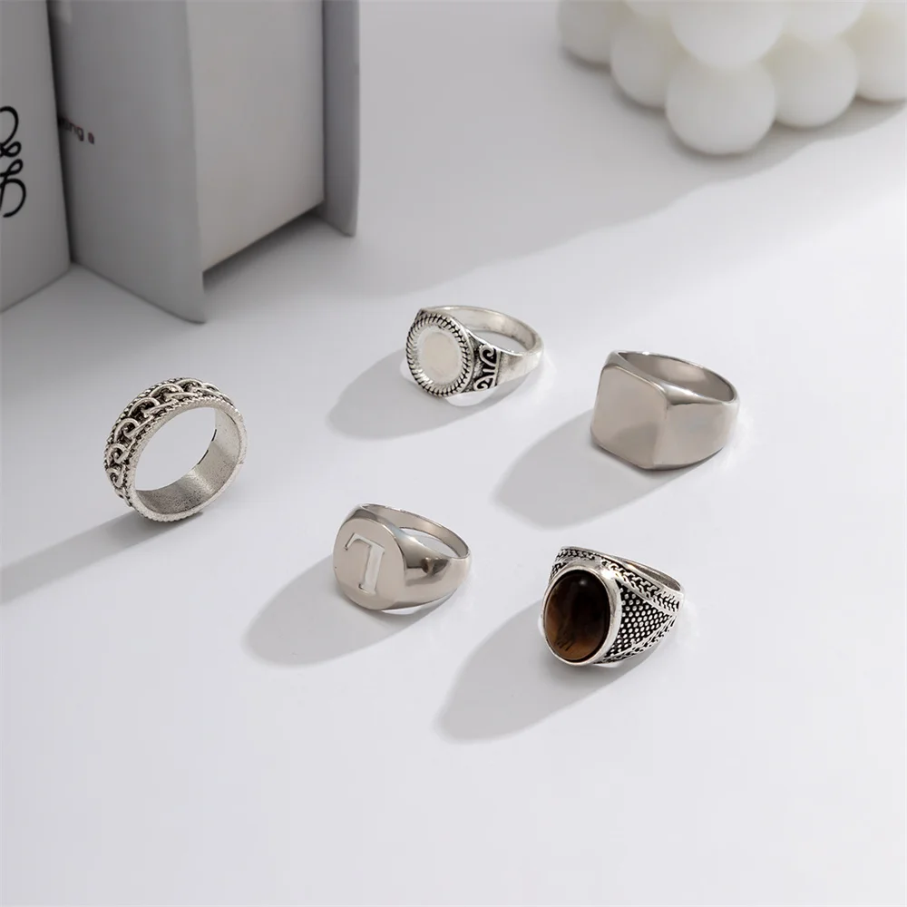 Vintage Geometry Rings Set For Man Punk Personalized Hip Hop 5Pcs Ring Charm Jewelry New Male Accessories Wholesale