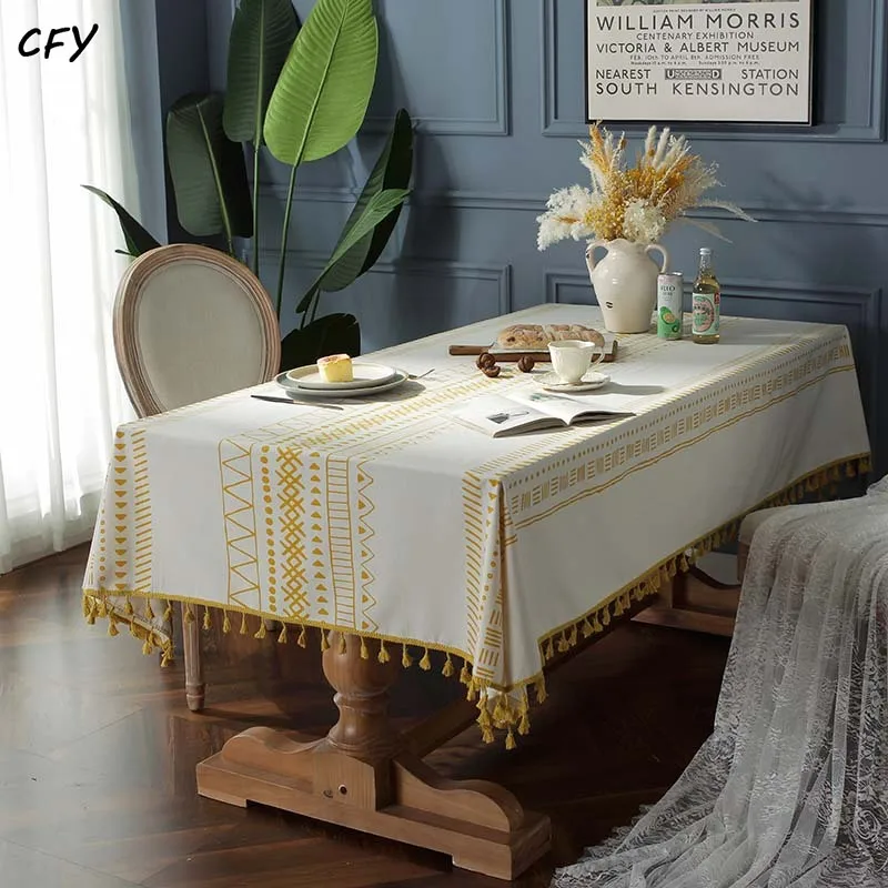 

Cotton Linen Yellow Geometric Prints Tassels Rectangular Table Cloth Kitchen Table Map Towel Tablecloth Christmas Decoration