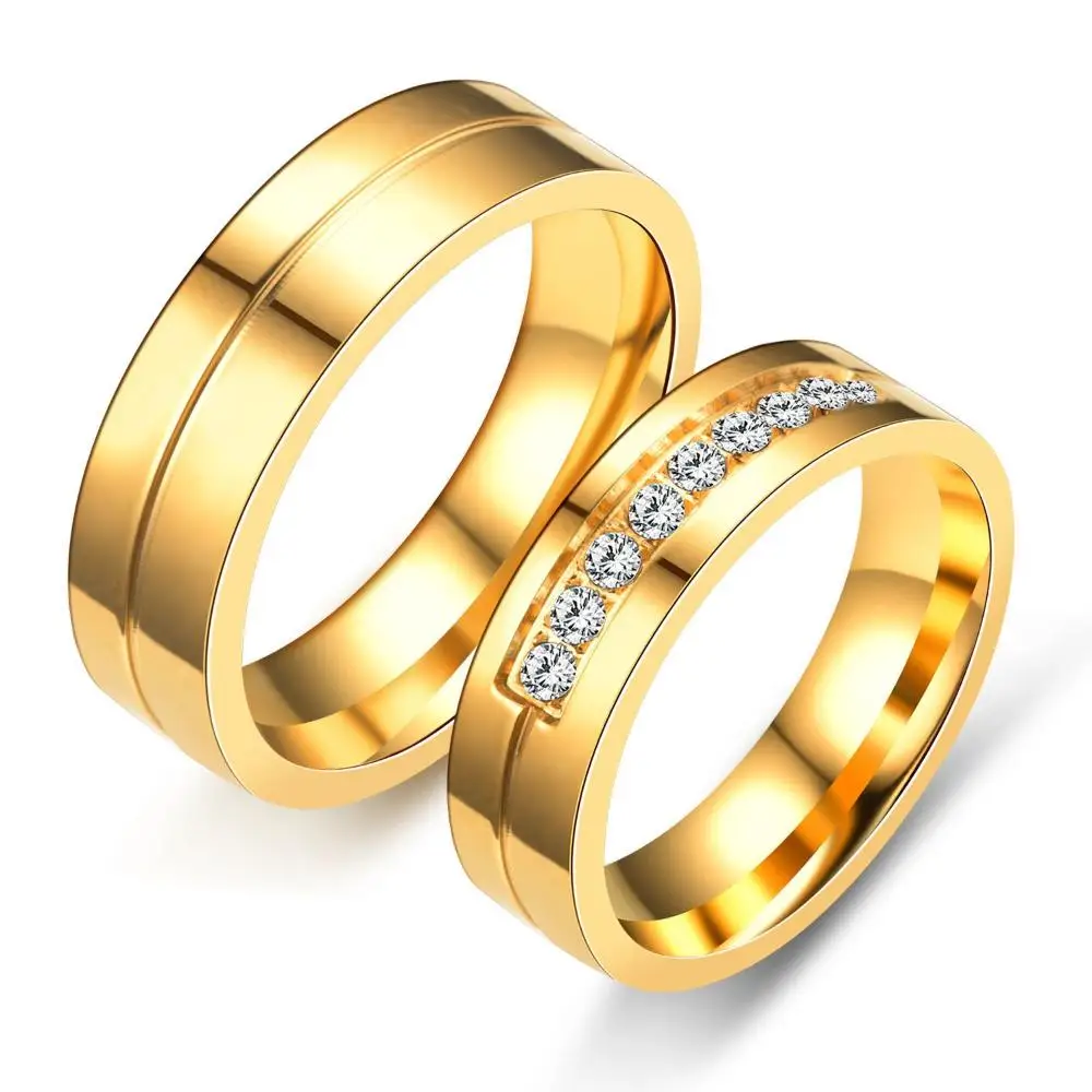 Fashion Golden Silver Cubic Zirconia Love 18K Gold Plated Couples Ring Wedding Band Ring Stainless Steel