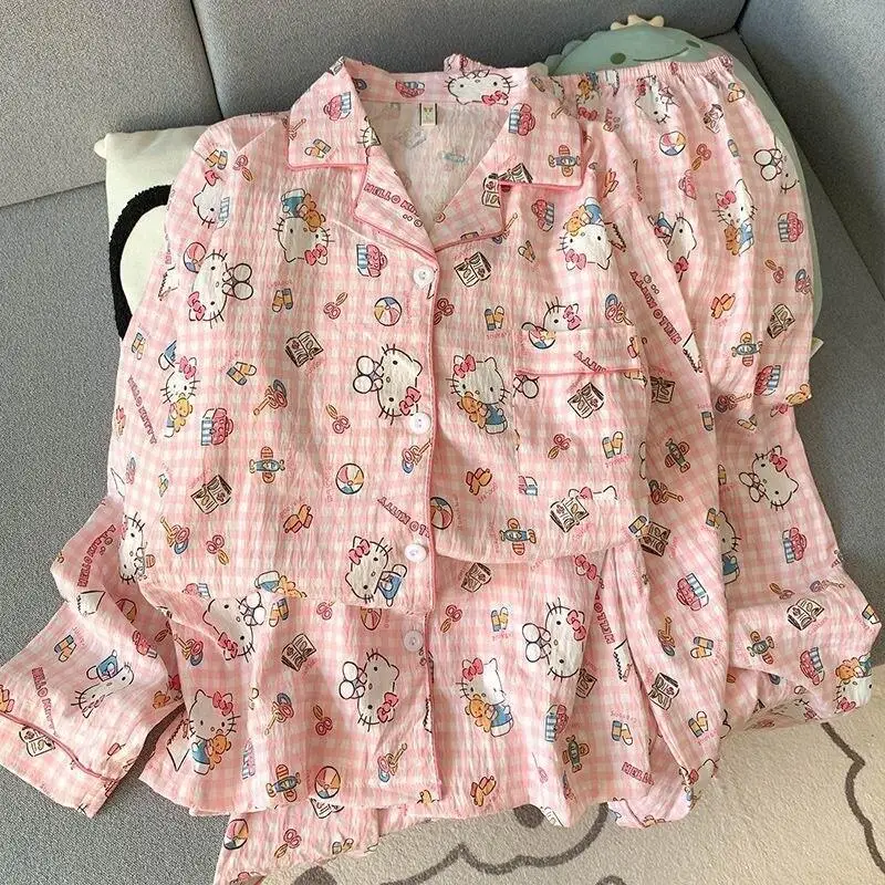 

Комплект пижам Sanrio Kitty из чистого хлопка, женская домашняя одежда, японский узор «Облака», с длинными рукавами и длинными брюками, всесезонная одежда для сна