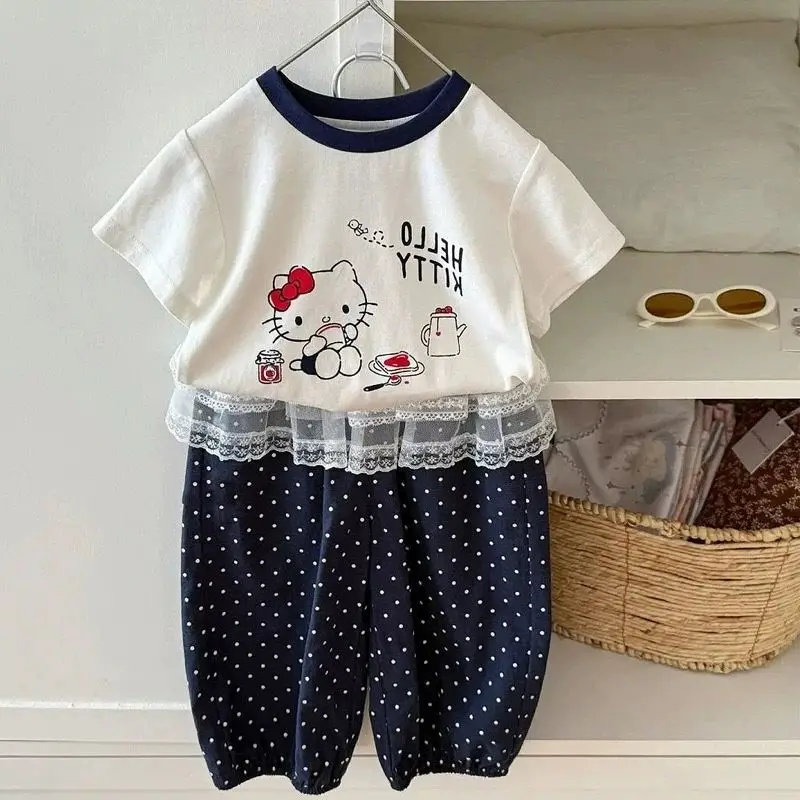 

2pcs Sanrio children's summer T-shirt top polka-dot pants clothing hello kitty baby girls fashion cute short sleeve pants suit