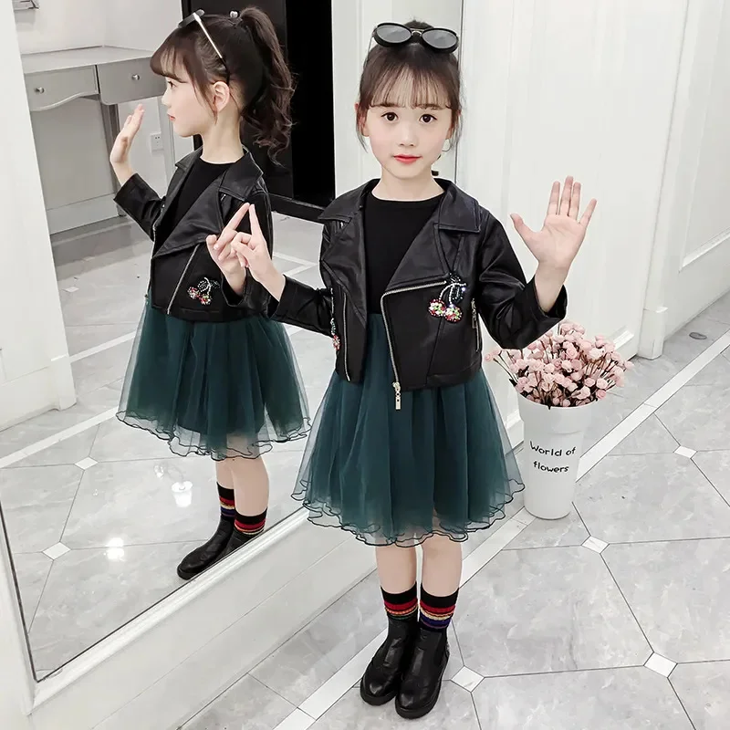 Girls Leather jacket Princess Dress 2pcs/set New Autumn Winter Kids Mesh Party Outfit Children Clothing set 3-12 Yrs